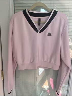 adidas Pink V-Neck Cropped Pullover Sweatshirt with Black Trim